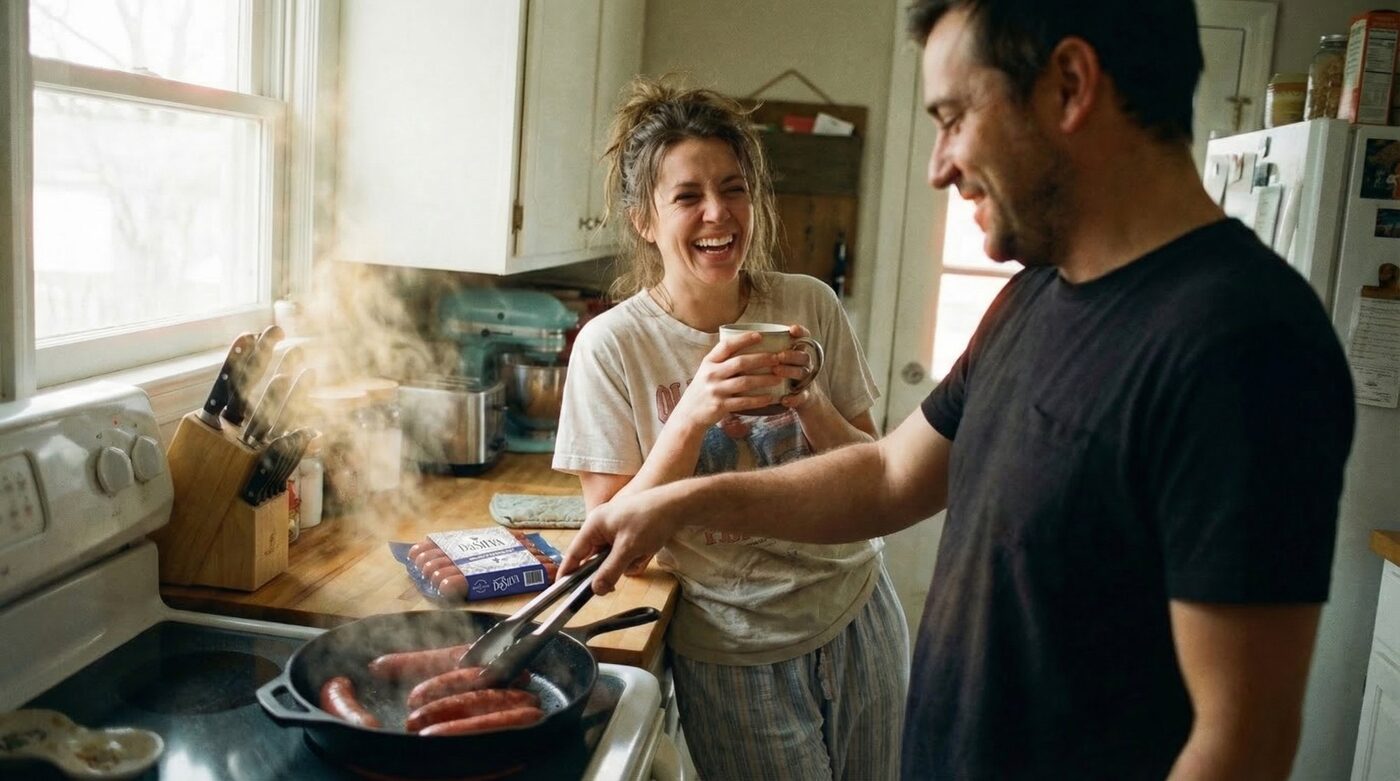 A family cooking with DaSilva Smoked Kielbasa in their kitchen